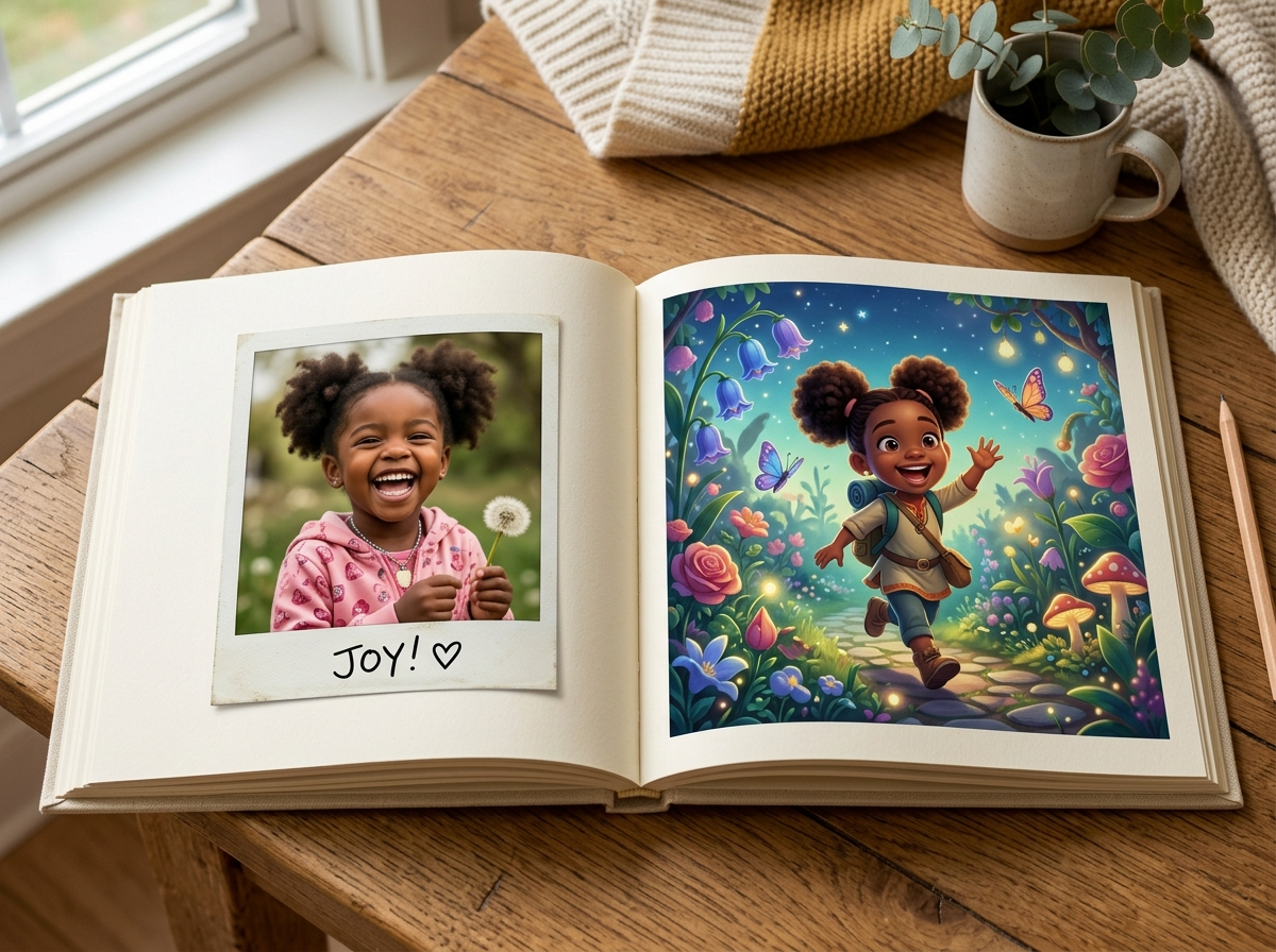 Livre ouvert montrant la transformation d'une photo réelle en héros illustré